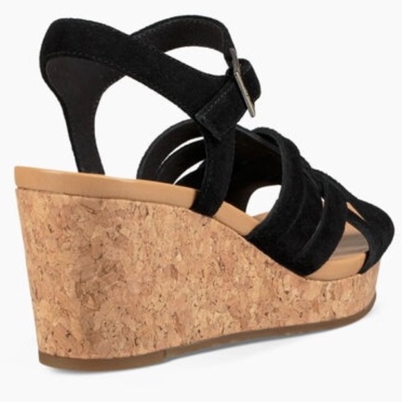 UGG Uma Black Suede Leather Cork Wedge Platform Heels Sandal Ankle Strap 9.5 - Picture 3 of 16